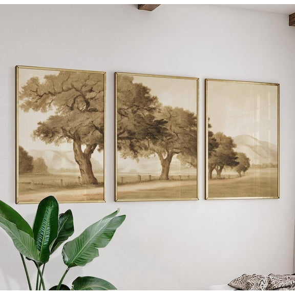 Set Of 3 Vintage Sepia Oak Tree Landscape Wall Art Prints, Neutral Nature, Living Room And Gallery Wall Decor