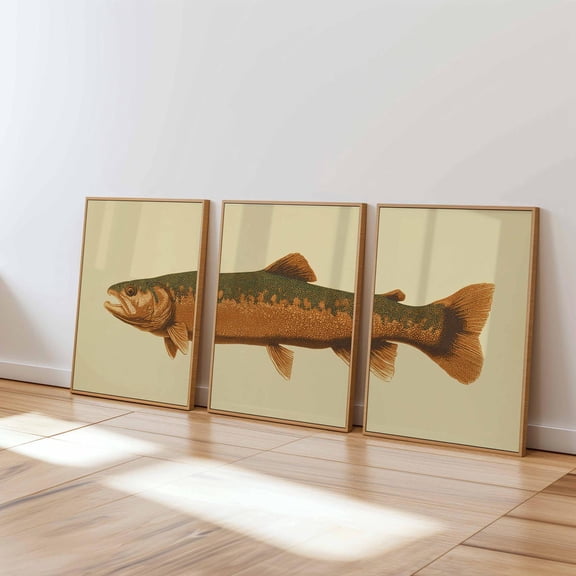 Set Of 3 Vintage Trout Wall Art Prints, Rustic Coastal Illustration Decor