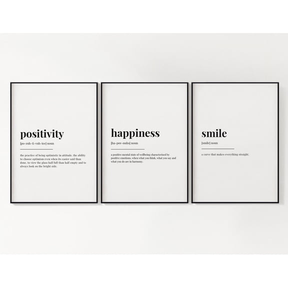 Set Of 3 Wall Art Positivity Happiness Smile Definition Poster Wall Art Posters Quote Wall Art Motivational Wall Art Inspirational, Poster Only