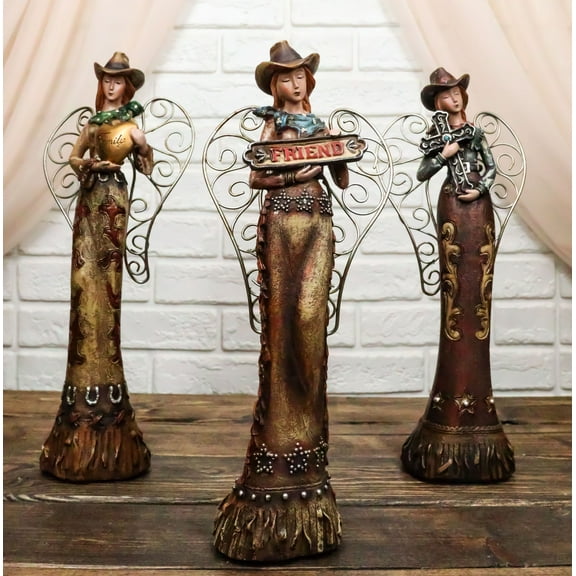 Set Of 3 Western Cowgirl Angels With Family Heart Cross Friend Sign Figurines