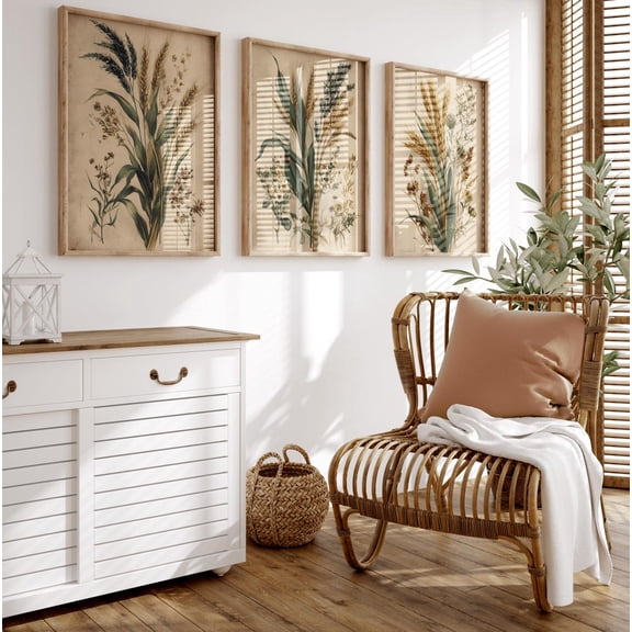 Set Of 3 Wheat Vintage Poster Floral Home Decor Botanical Poster Wall Art Print Hannah Borger Overbeck Wheat Field Wildflowers 276, Stretched Canvas