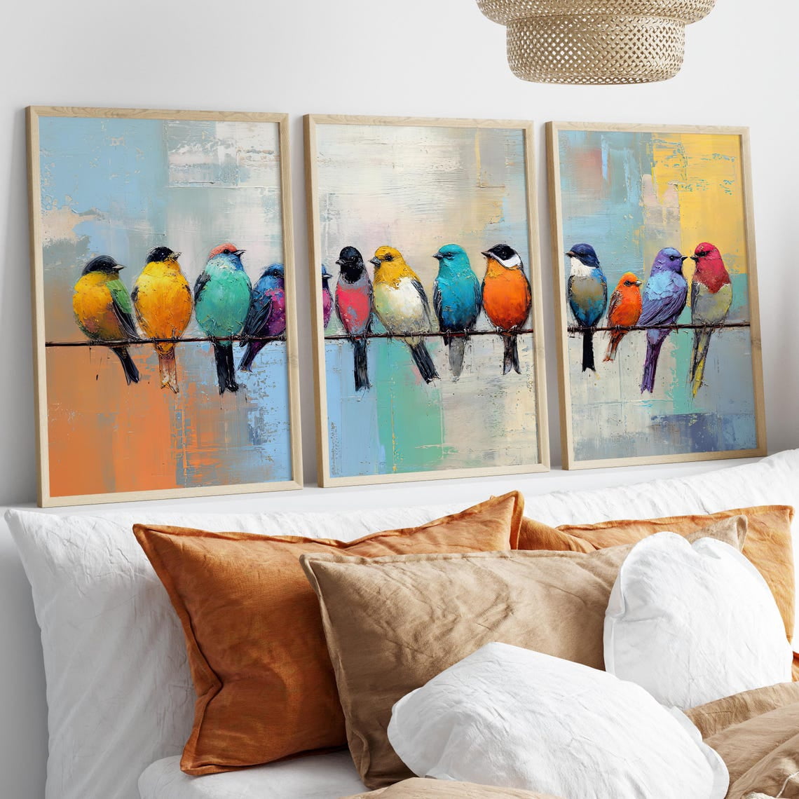 Set Of 3 Whimsical Colorful Birds On A Wire Wall Art Prints, Panoramic ...