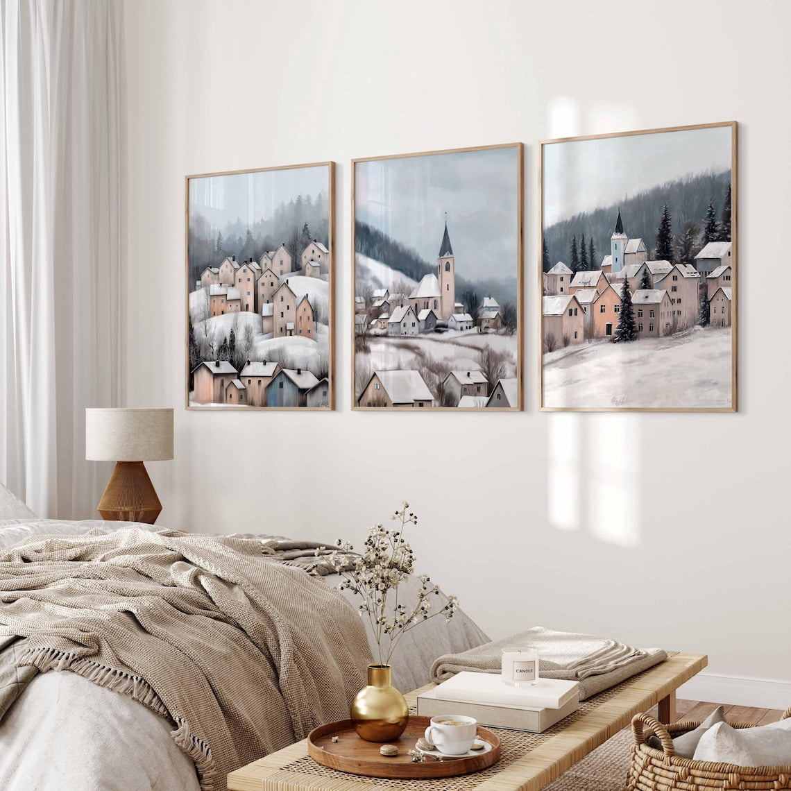 Set Of 3 Winter Village Snowy Town Landscape Nordic Holiday Farmhouse ...