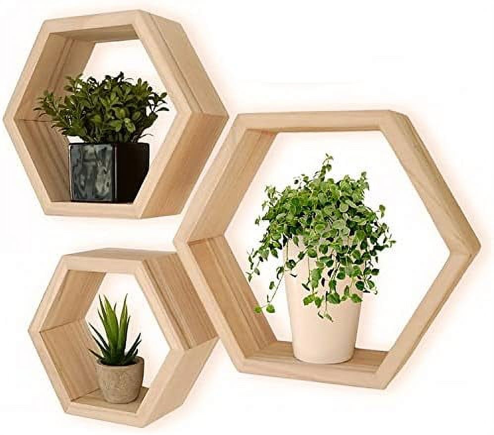 Set Of 3 Wooden Wall Mounted Hexagon Floating Shelves, Hexagon Shelves
