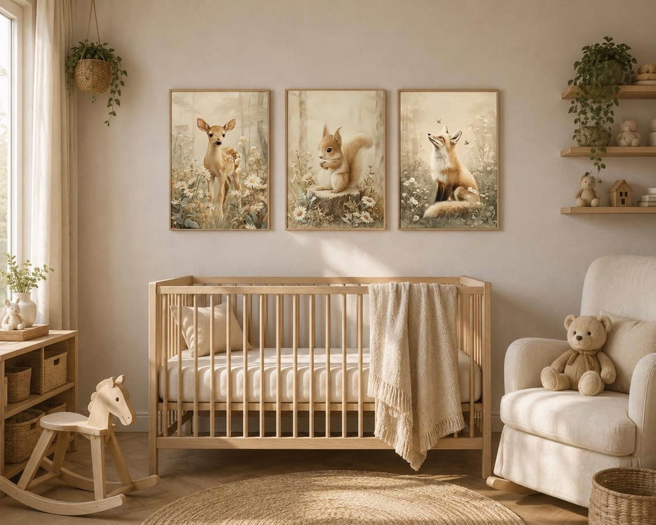 Set Of 3 Woodland Animal Neutral Forest Deer Fox Squirrel Beige Baby ...