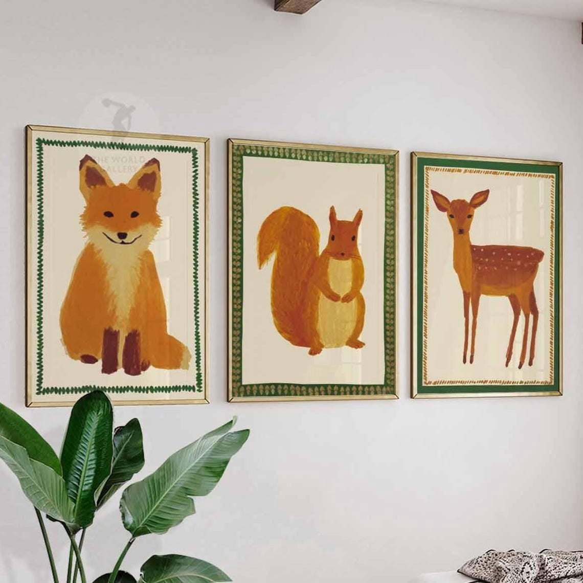 Set Of 3 Woodland Animal Nursery Wall Art Prints, Fox Squirrel And Deer ...