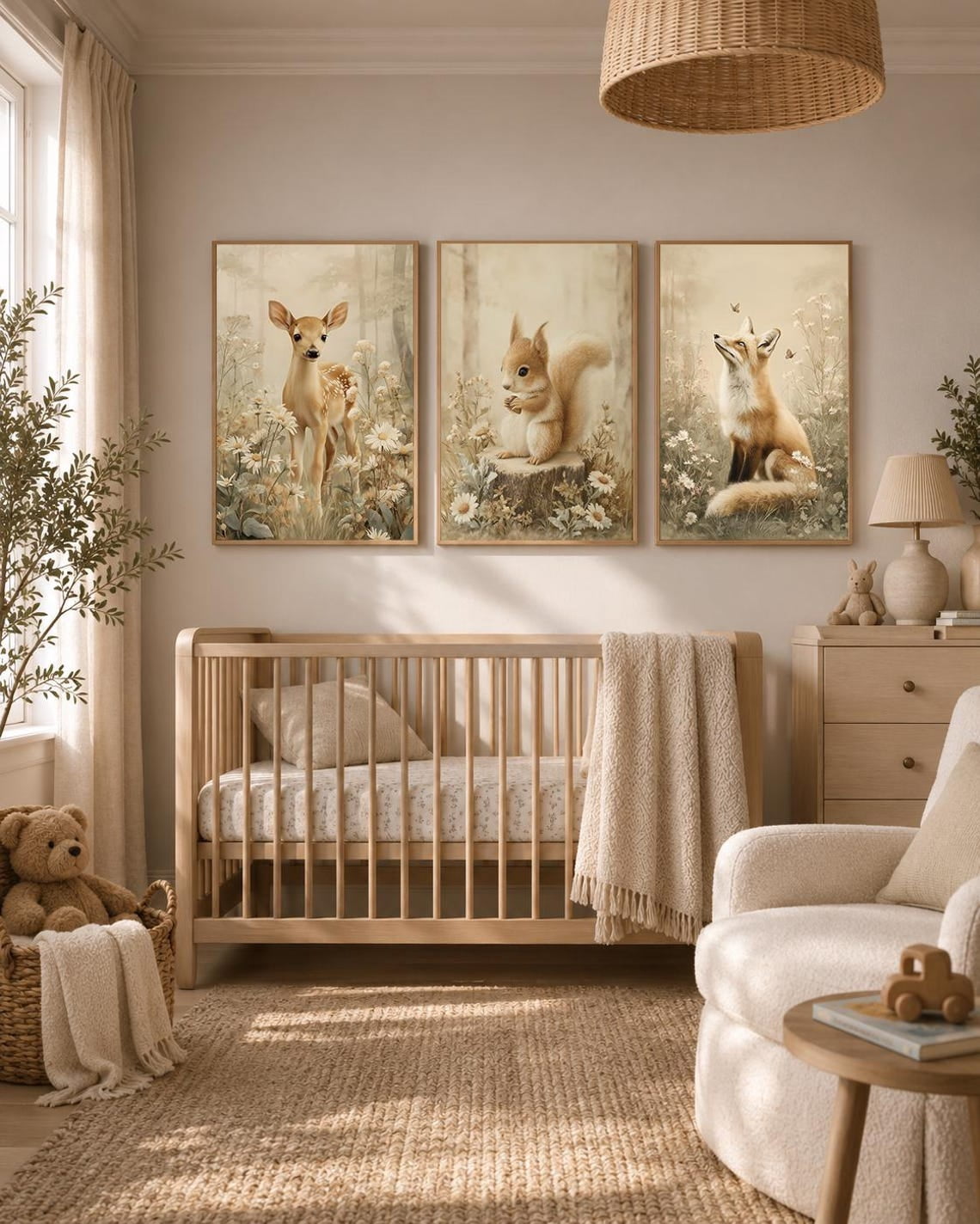 Set Of 3 Woodland Animal Wall Art Prints, Beige Forest, Baby Deer Fox ...