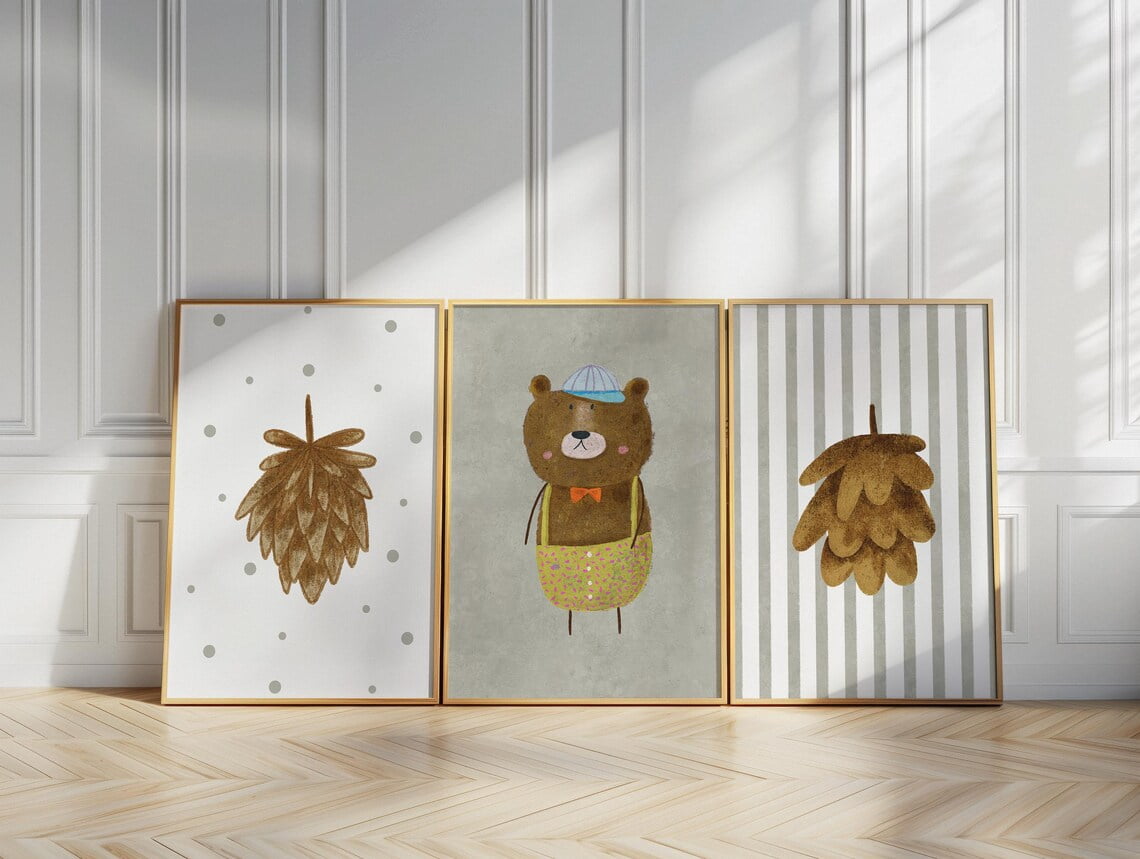 Set Of 3 Woodland Bear Nursery Wall Art Prints, Boho Forest, Nursery ...
