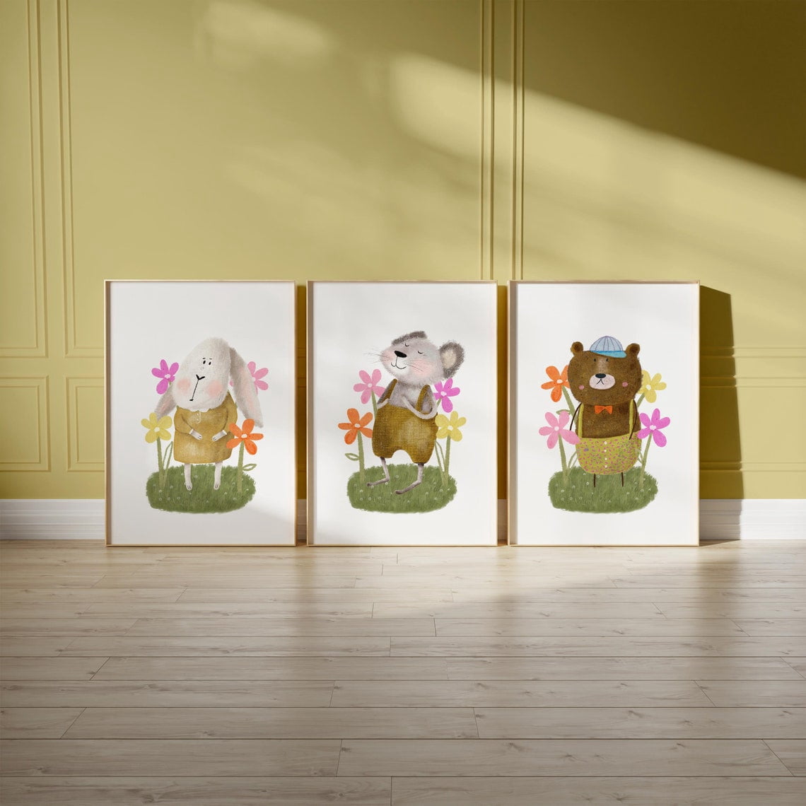 Set Of 3 Woodland Nature Wall Art Prints, Rabbit, Mouse, Bear For ...