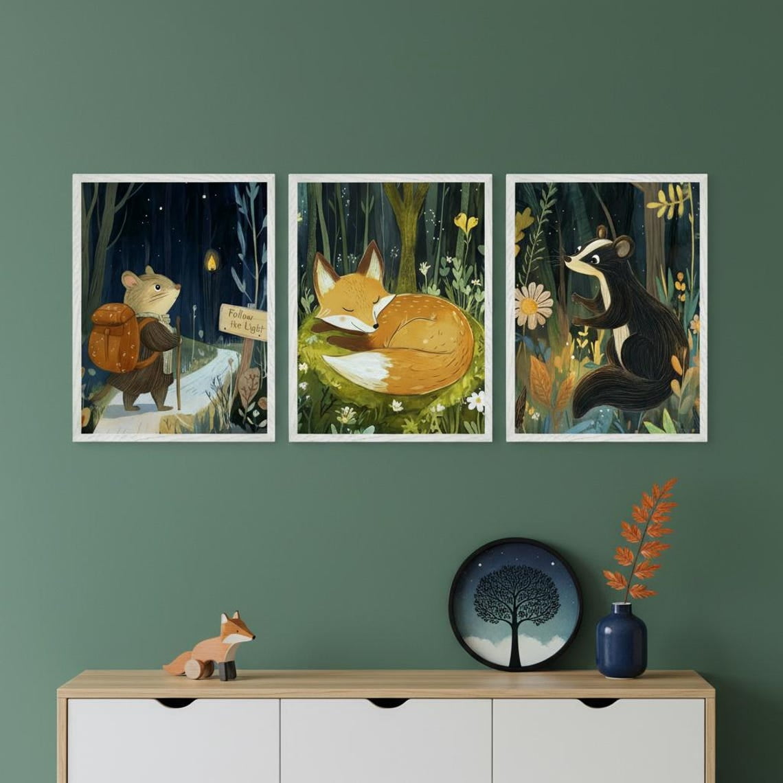 Set Of 3 Woodland Nursery Wall Art Prints, Forest Animal, Whimsical Fox ...
