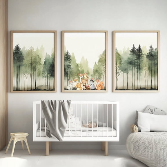 Set Of 3 Woodland Nursery Wall Art Prints, Sage Green Beige Mountain Adventure Decor