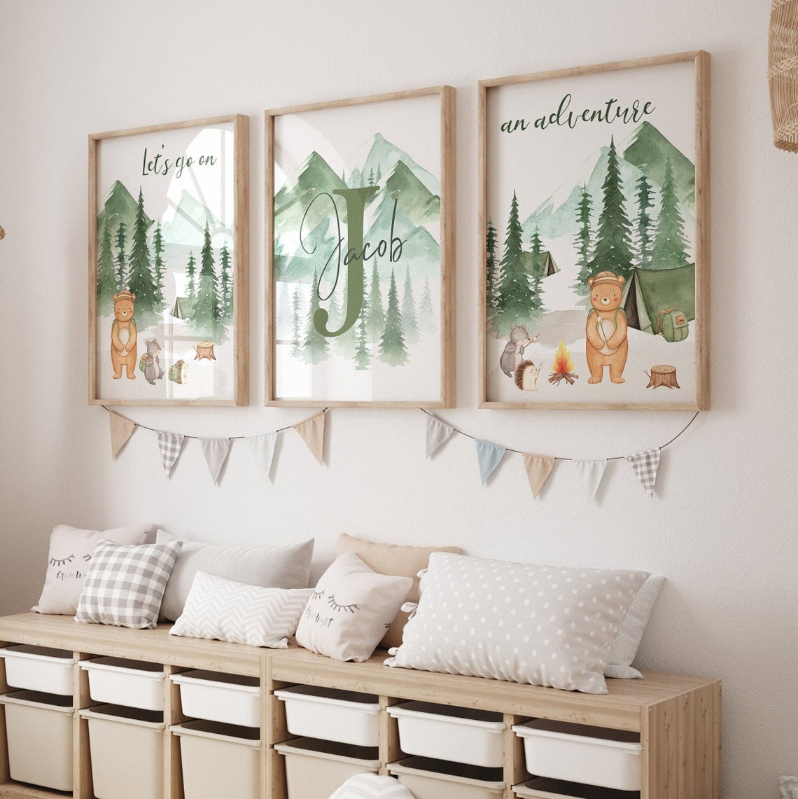 Set Of 3 Woodland Wall Art Prints, Baby Name, Lets Go On An Adventure ...