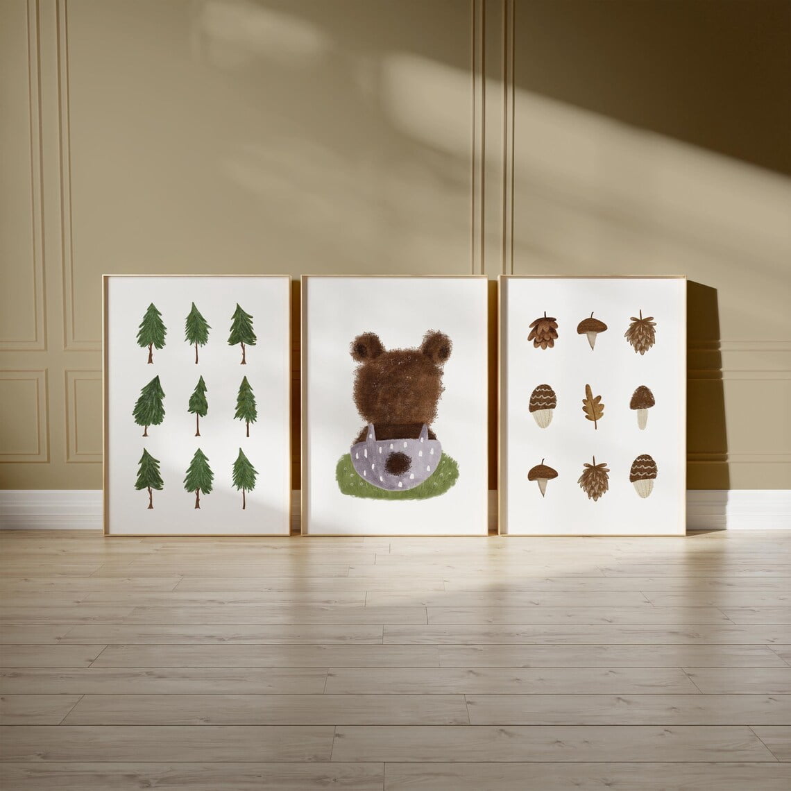 Set Of 3 Woodland Wall Art Prints, Forest Bear And Tree, Neutral Baby ...
