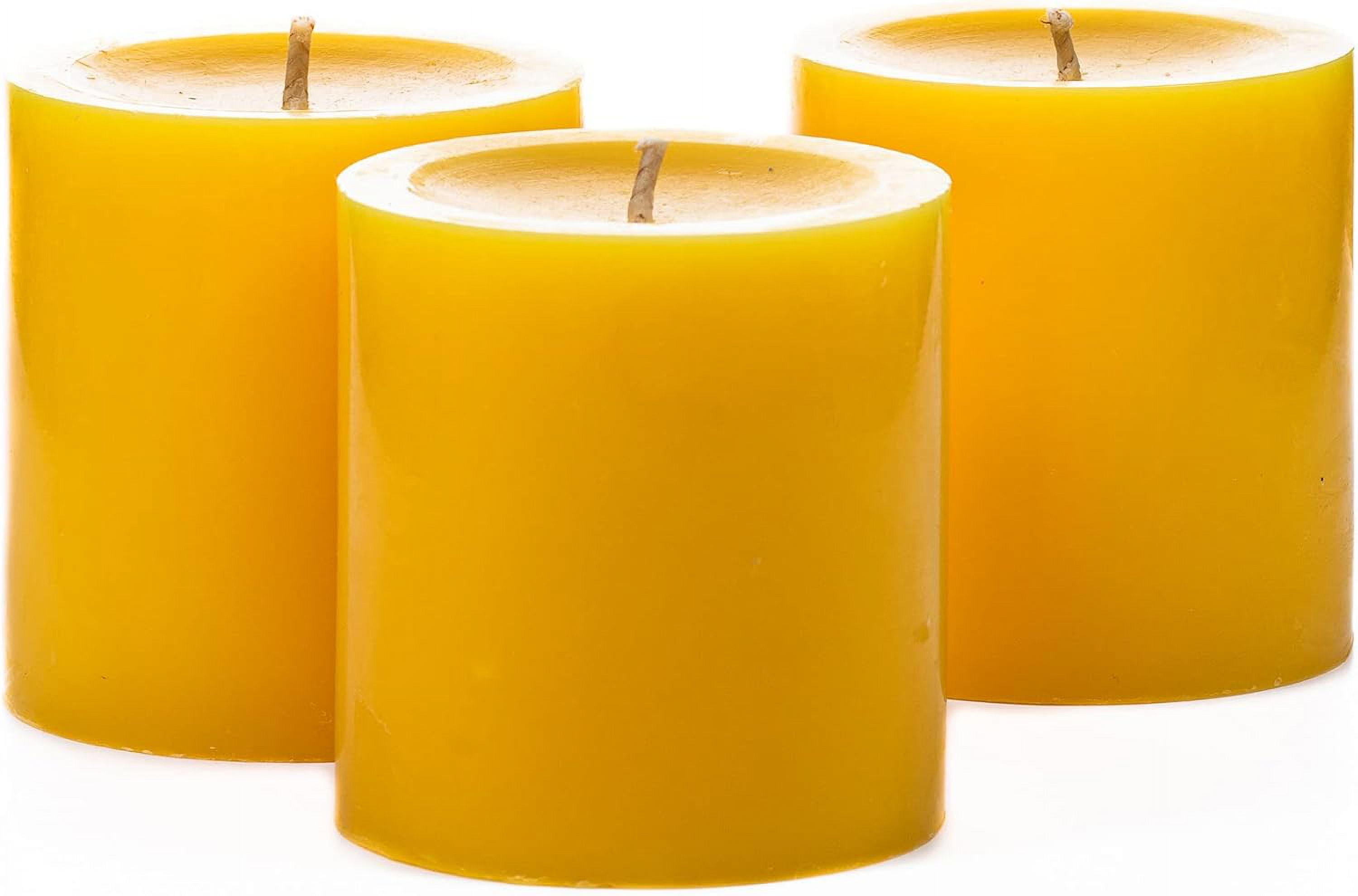 Set Of 3 Yellow Pillar Candles 3" X 3" Unscented Dripless For Weddings