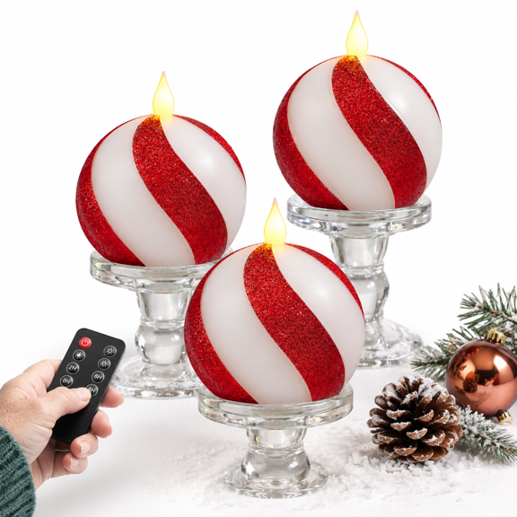 Set Of 3mas Sphere Candy-caneless Candles - Red White Real Wax Flickering Ball Operated With Remote Candy Cane Decorations Xmas P