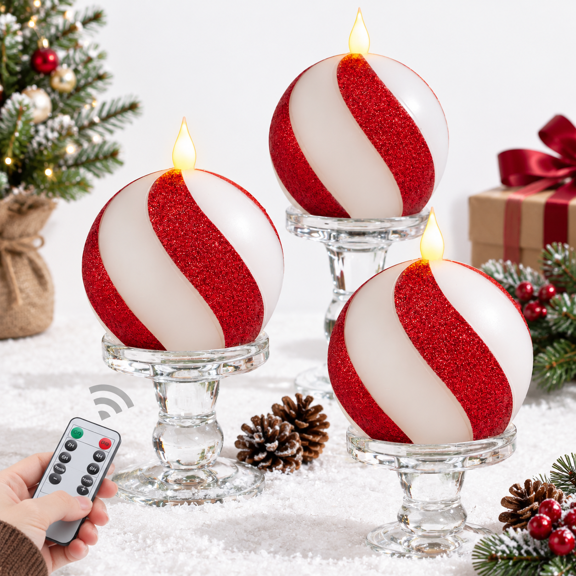 Set Of 3mas Sphere Candy-caneless Candles - Red White Real Wax Flickering Ball Operated With Remote Candy Cane Decorations Xmas P