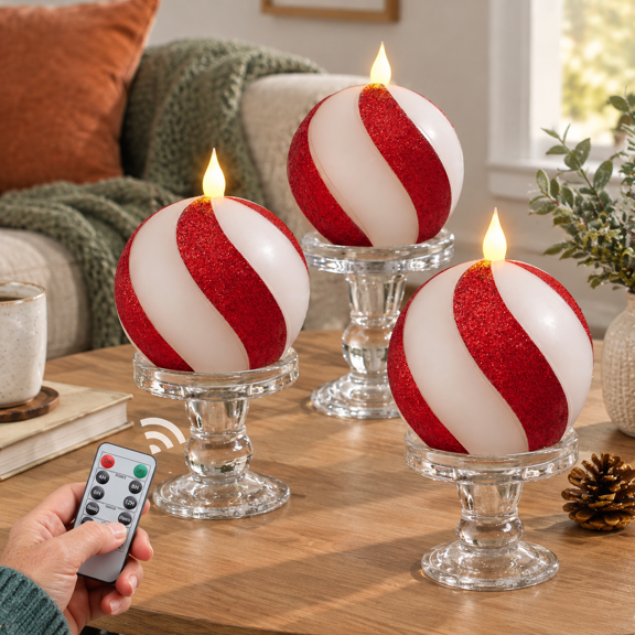 Set Of 3mas Sphere Candy-caneless Candles - Red White Real Wax Flickering Ball Operated With Remote Candy Cane Decorations Xmas P