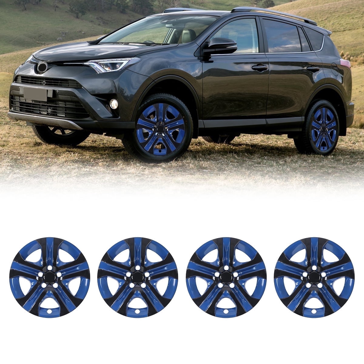 (Set of 4) 17 inch Hubcaps Wheel Rims Cover for 2013-2018 Toyota Rav4，Not Fit for Winter Wheel Rims,Black Lacquer & Blue Lacquer