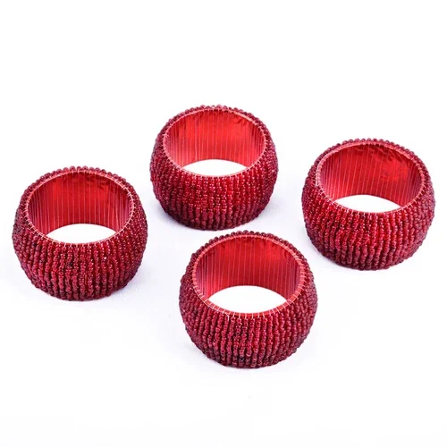 [Set Of 4] 2" Beaded Napkin Rings, Red Sparkling Napkin Rings, Handmade India