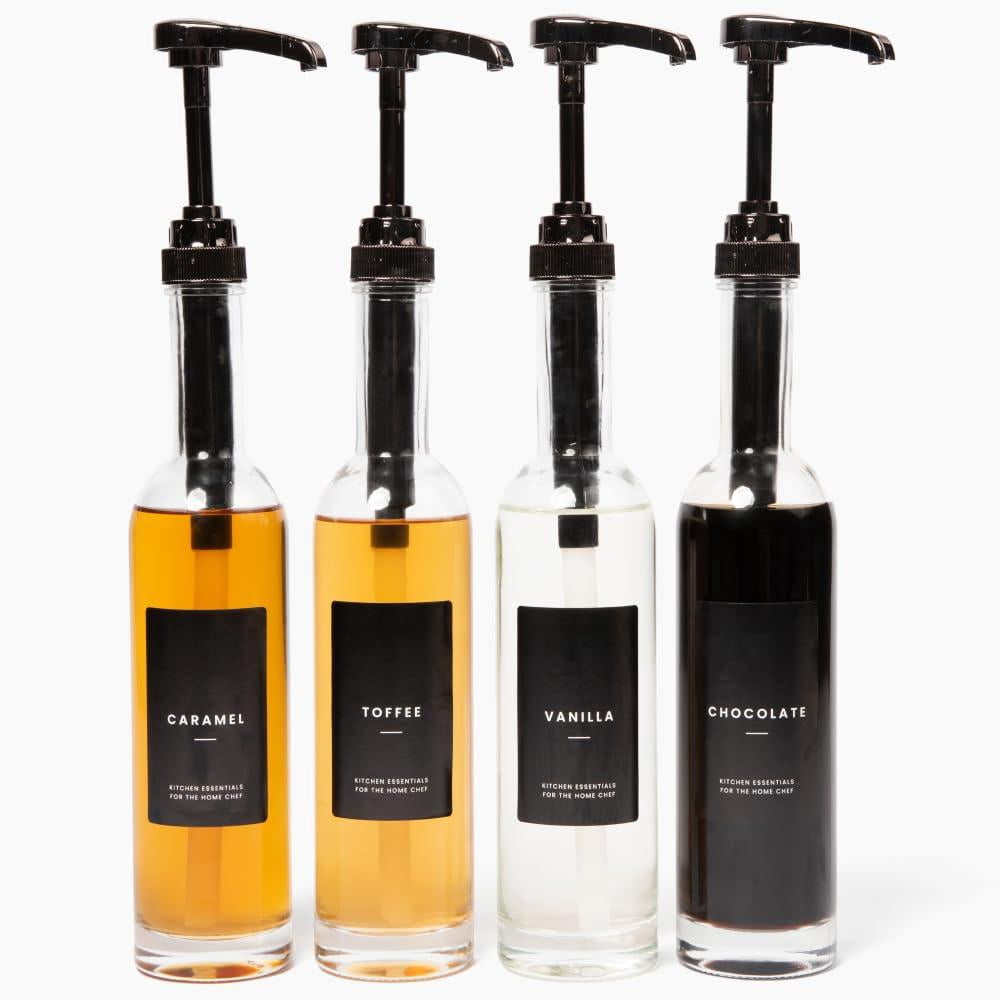 Set Of 4  350ml Coffee Syrup Dispenser For Bar Pump Glass Bottle W. Pumps Simple Labels (black)