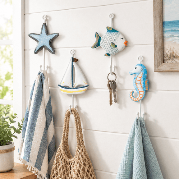 Set Of 4 Beach Towel Hanger Nautical Hooks For Wall Bathroom Decorative Starfish Sailboat Fish Seahorse Holders And Rack Coat Clot