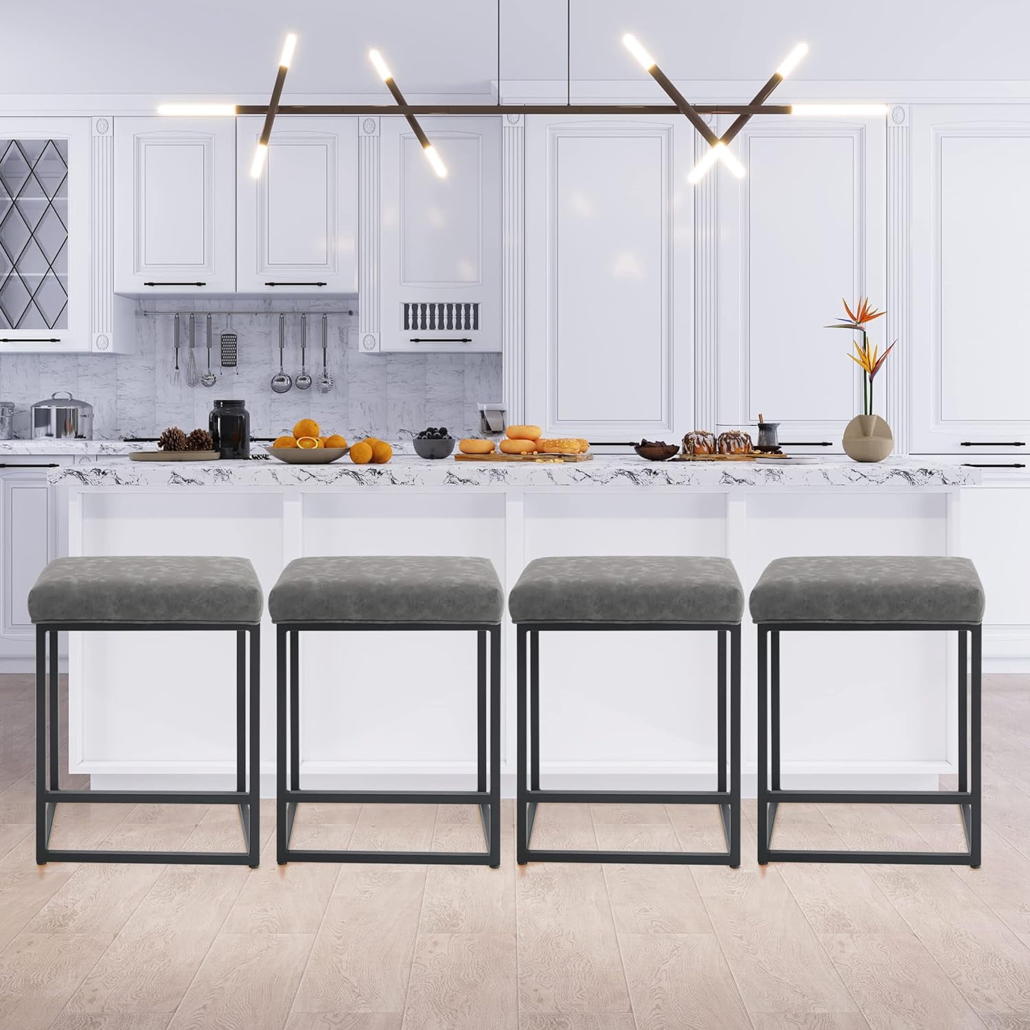 Set Of 4 Counter Stools Bar Stools With Footrest Pu Leather Backless Kitchen Island Chair With