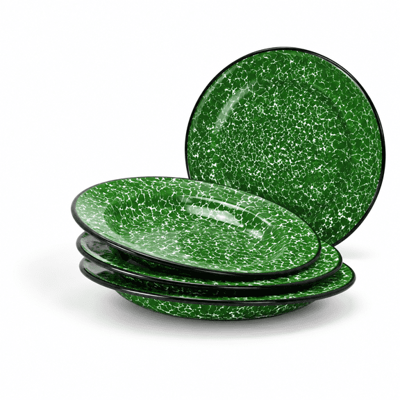 Set Of 4 Dark Green Enamelware Metal 8" Round Classic Salad Plates With Splatter Design