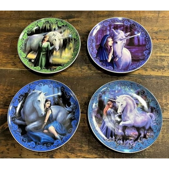 Set Of 4 Fantasy Enchanted Forest Sacred Unicorn And Maiden Dessert Salad Plates