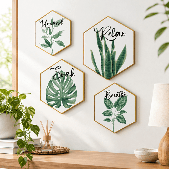 Set Of 4 Framed Botanical Bathroom Wall Art With Relax Soak Unwind Breathe Designs