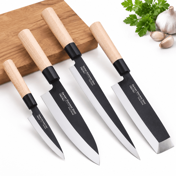 Set Of 4 Gyuto Sushi Chef-yanagiba-deba-nakiri-utility Kitchen Fish Slicing Filleting Sets With Steel & Traditional Wooden Handle