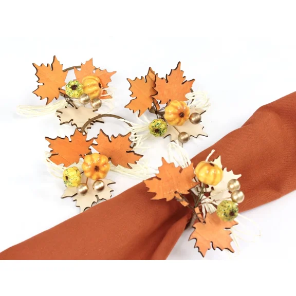 Set Of 4-Harvest Fall Napkin Ring Wood Maple Pumpkin