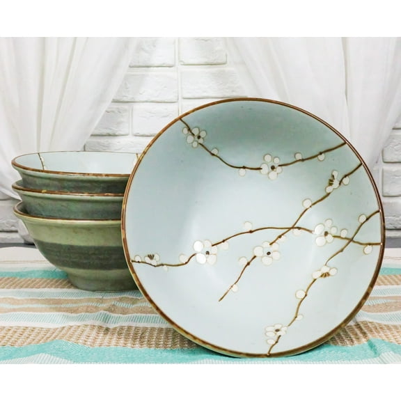 Set Of 4 Japan Made Sakura Cherry Blossoms Porcelain Ramen Soup Large Bowls 46oz