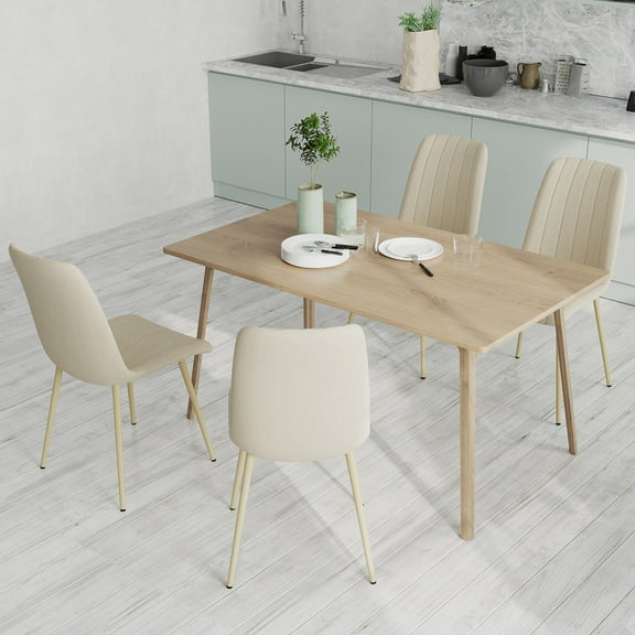 Set Of 4 Light Beige Contemporary Dining Chairs Soft Linen Office Chair Suitable For Dining Room Kitchen Living Room Upholstered Back Chairs
