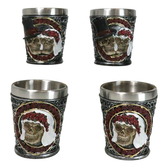 Set Of 4 Love Never Dies Wedding Couple Skulls With Red Roses Shot Glasses