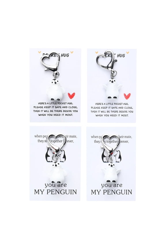 Set Of 4 Lovely Penguins Shaped Holders With English Cards Keychain Accessories Great For Daily Use