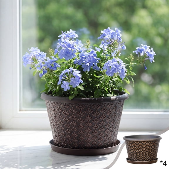 Set Of 4 Plastic Decorative Embossed Leaf Plant Pots With Drainage Tray Brown 23cm Diameter