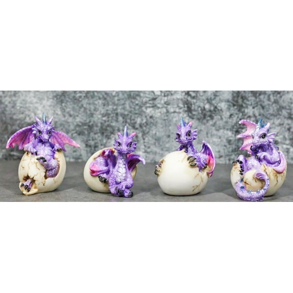 Set Of 4 Purple Spyro Baby Dragon Hatchlings Breaking Out Of Eggs Figurines