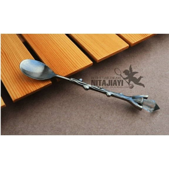 Set Of 4 Retro Style 4.6 Inch Long Branch Shaped Spoons For Coffee Tea Ice Cream Or Dessert Rustic Flatware For Home Or Kitchen (B)