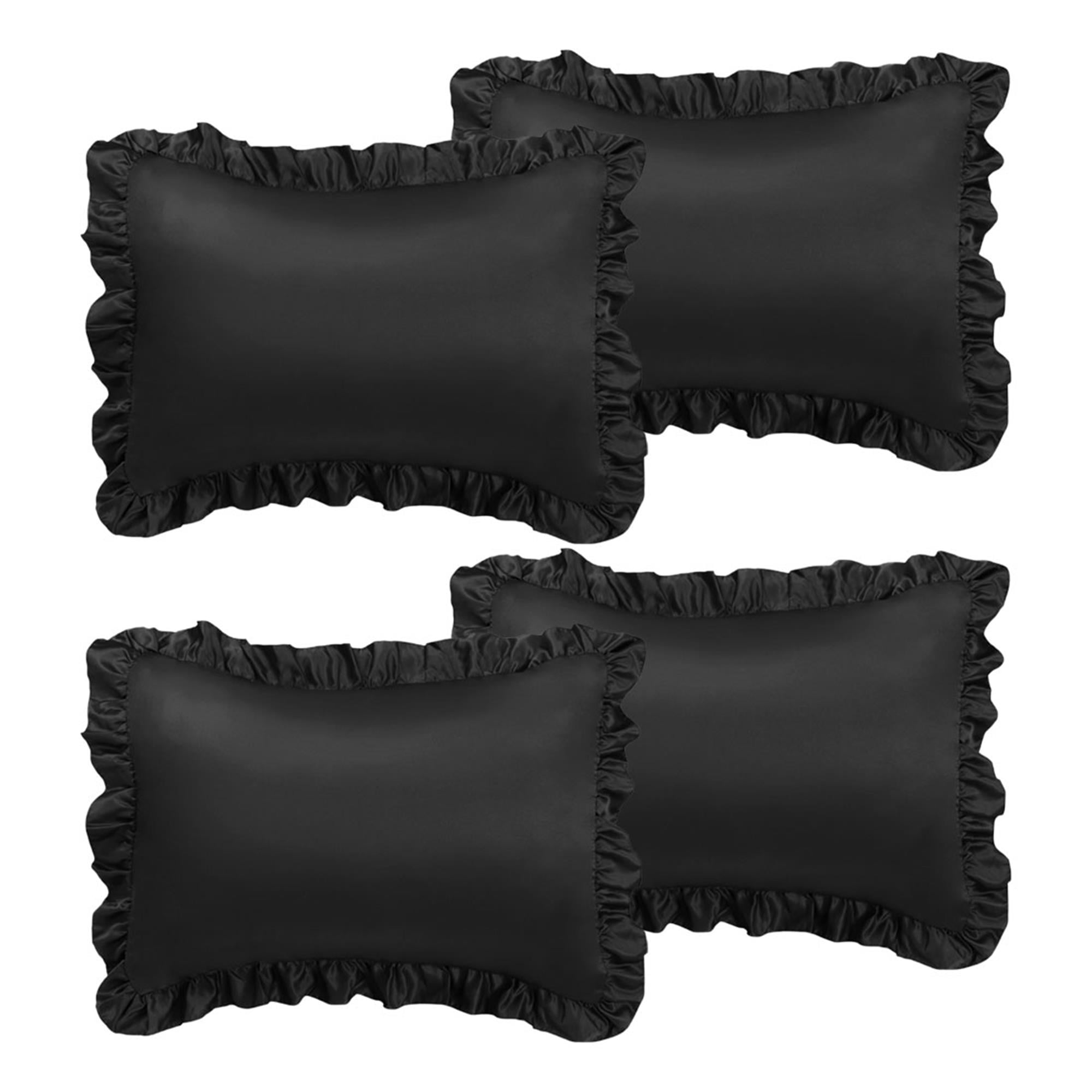 Unique Bargains 4-Piece Satin Ruffled Edge Pillow Shams, Queen, Black