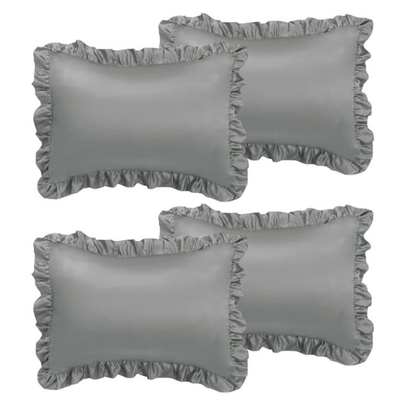 Set Of 4 Satin Pillow Shams Oxford Pillowcase W Ruffled Decor Deep Grey Standard