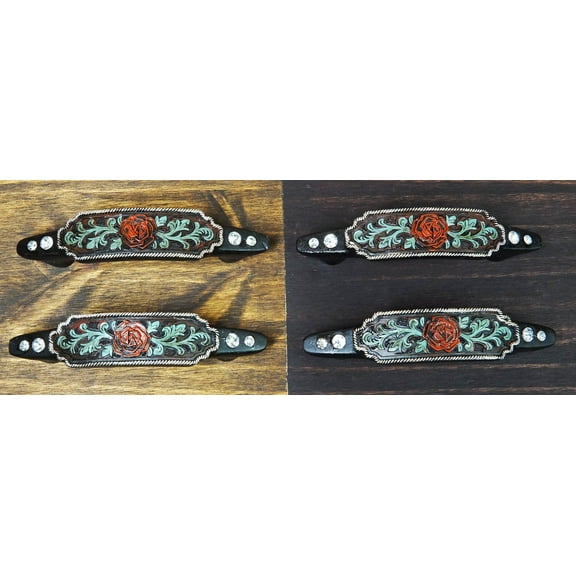 Set Of 4 Western Red Rose With Vines Scroll Lace Drawer Cabinet Bar Pulls 6"L