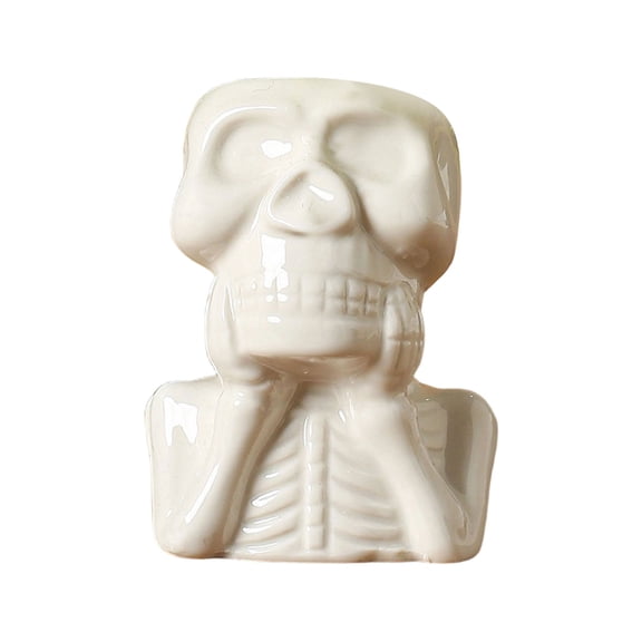 Set Of 4 White Ceramic Skull Bust Planters Planters Featuring Skeletal Figures in Four Poses for Halloween Tabletop Decor