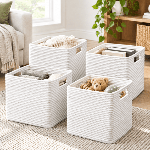 Bookbinding Rope Set Of 4ton Rope Basket 13 X 13 13 Inches Woven Storbaskets For Shelves ...
