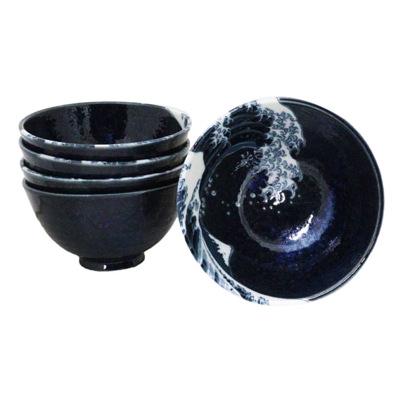Set Of 4 Blue Japanese Hokusai Great Wave Porcelain Soup Rice Dessert Bowls 11oz