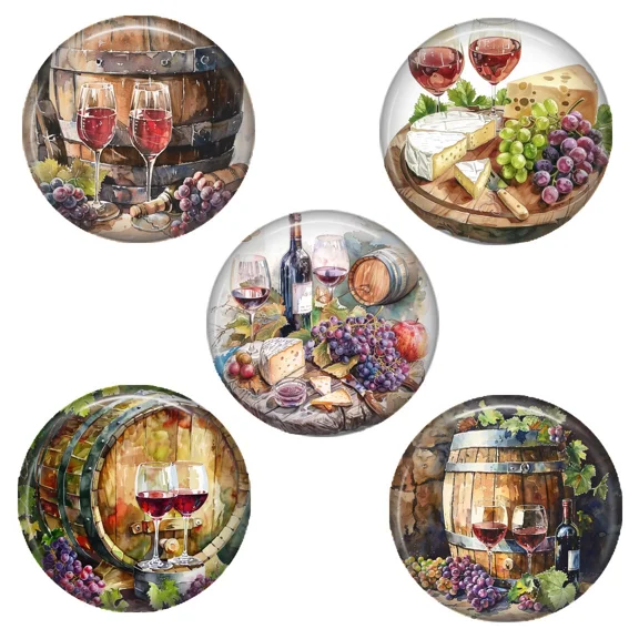 Set Of 5 Red Wine Magnets Vintage Art Prints Kitchen Decor Wine Lover Gift 1.25"