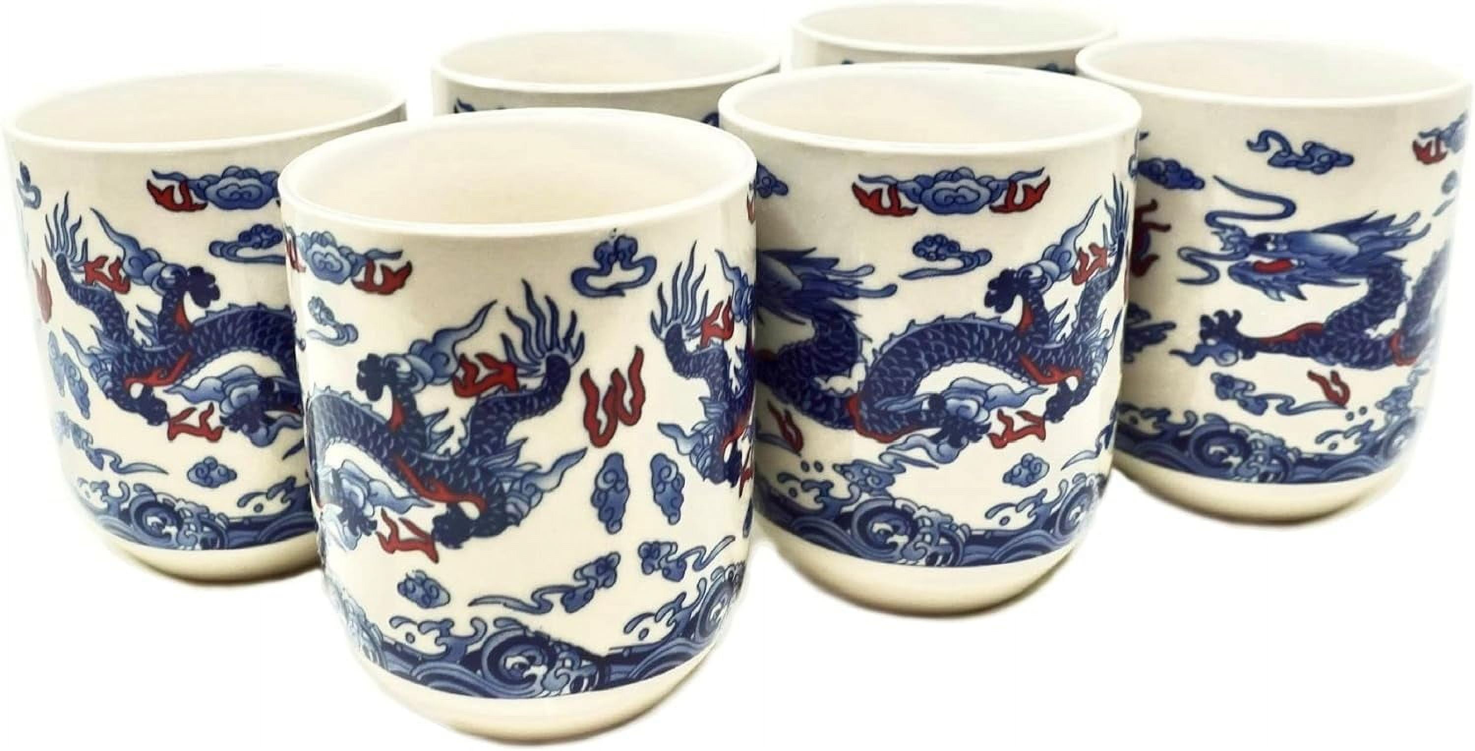 Set Of 6 Asian Design Ceramic Tea Cups White With Blue Dragon 8 OZ
