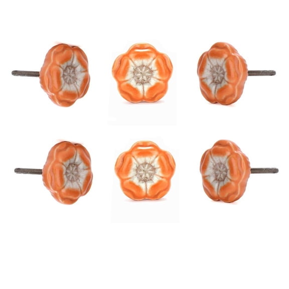 Set Of 6 Azalea Orange Ceramic Flower Shape Cabinet Knobs