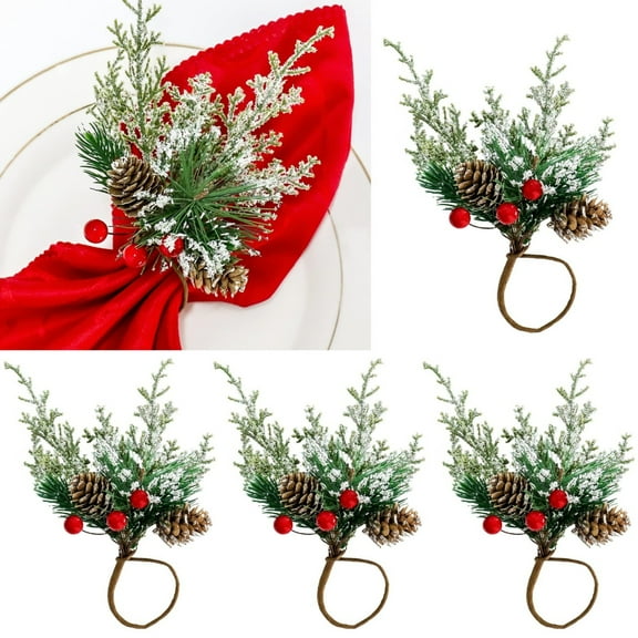 Napkin Rings Set Of 6,Needle Berries Christmas Thanksgiving Holiday Rustic Farmhouse Design,Handmade Trees Holders for Table Decor