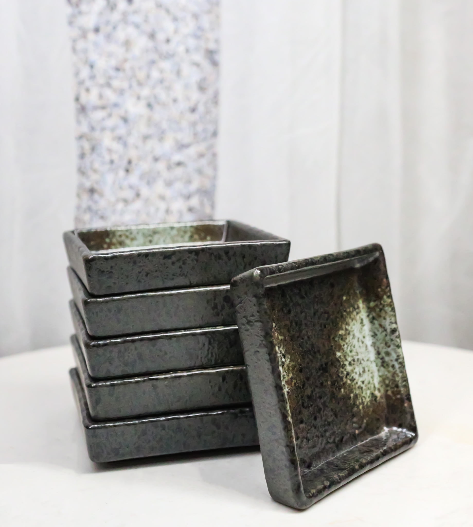 Set Of 6 Charcoal Grey Tone Hakumu Art Ceramic Square Condiment Sauce ...