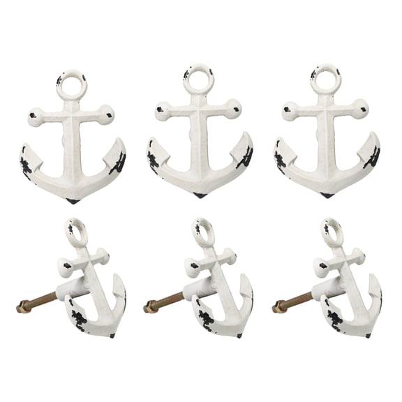 Set Of 6 Distressed White Marine Sailor Ship Anchor Cabinet Door Pull Knobs